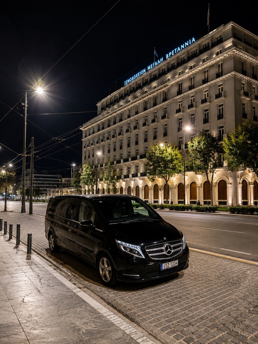 Mercedes V-Class premium transfer vehicle outside Hotel Grande Bretagne in central Athens